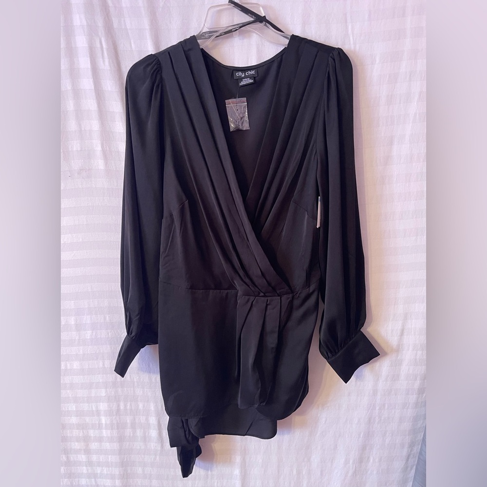 City Chic Black, Long-Sleeve, Sultry Women's Wrap Blouse